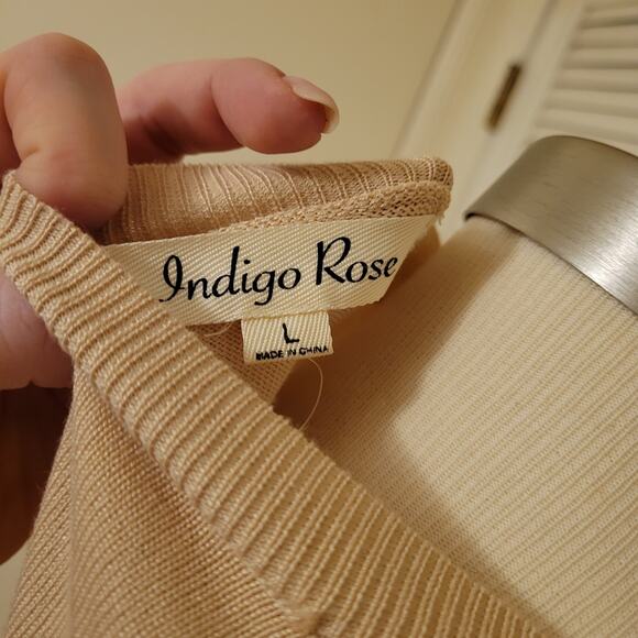 Indigo Rose Floral Lace Trim Pullover Short Sleeve Sweater Beige Womens Size L - Picture 6 of 9